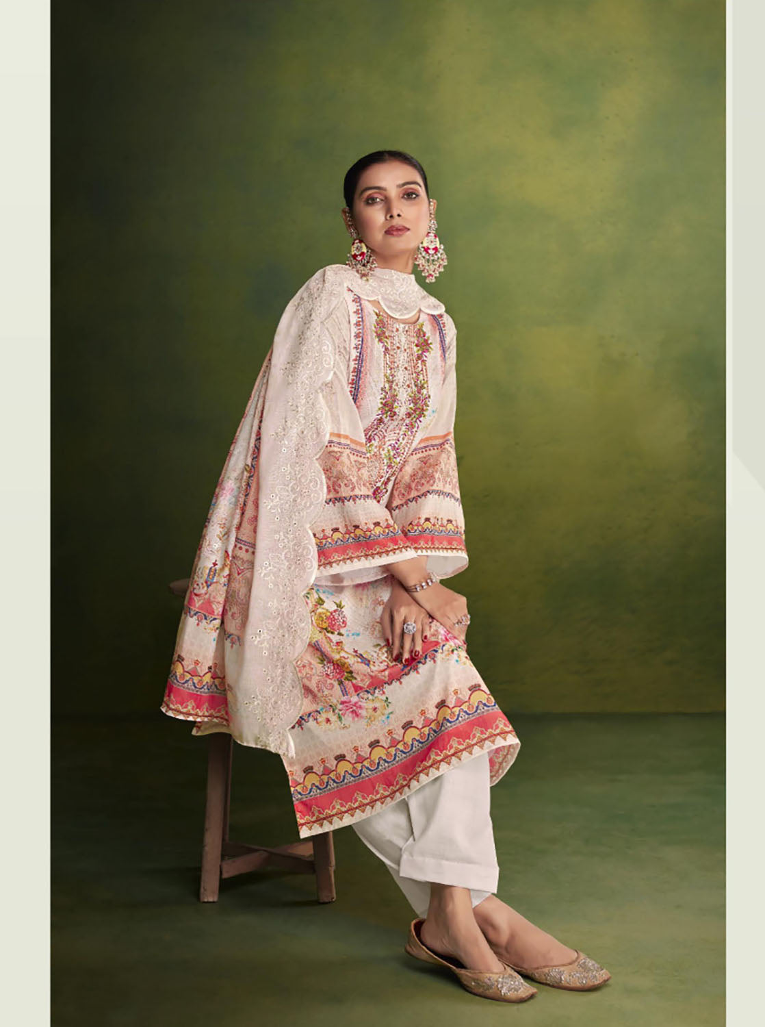 Belliza Cream Cotton Pakistani Print Unstitched Women Suit Material