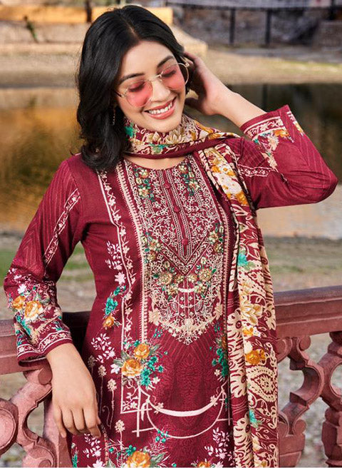 Maroon Pure Cotton Cambric Pakistani Print Unstitched Suit Set for Women