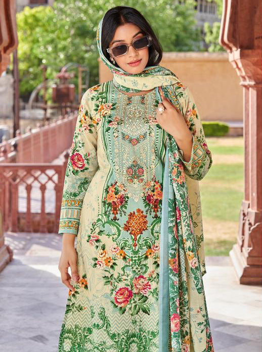 Green Pure Cotton Cambric Pakistani Print Unstitched Suit Set for Women