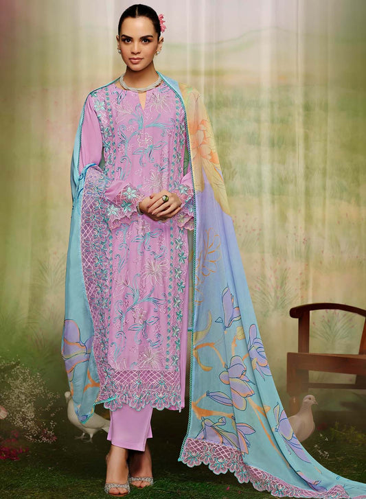 Party Wear Pure Muslin Purple Unstitched Suit Dress Material for Women