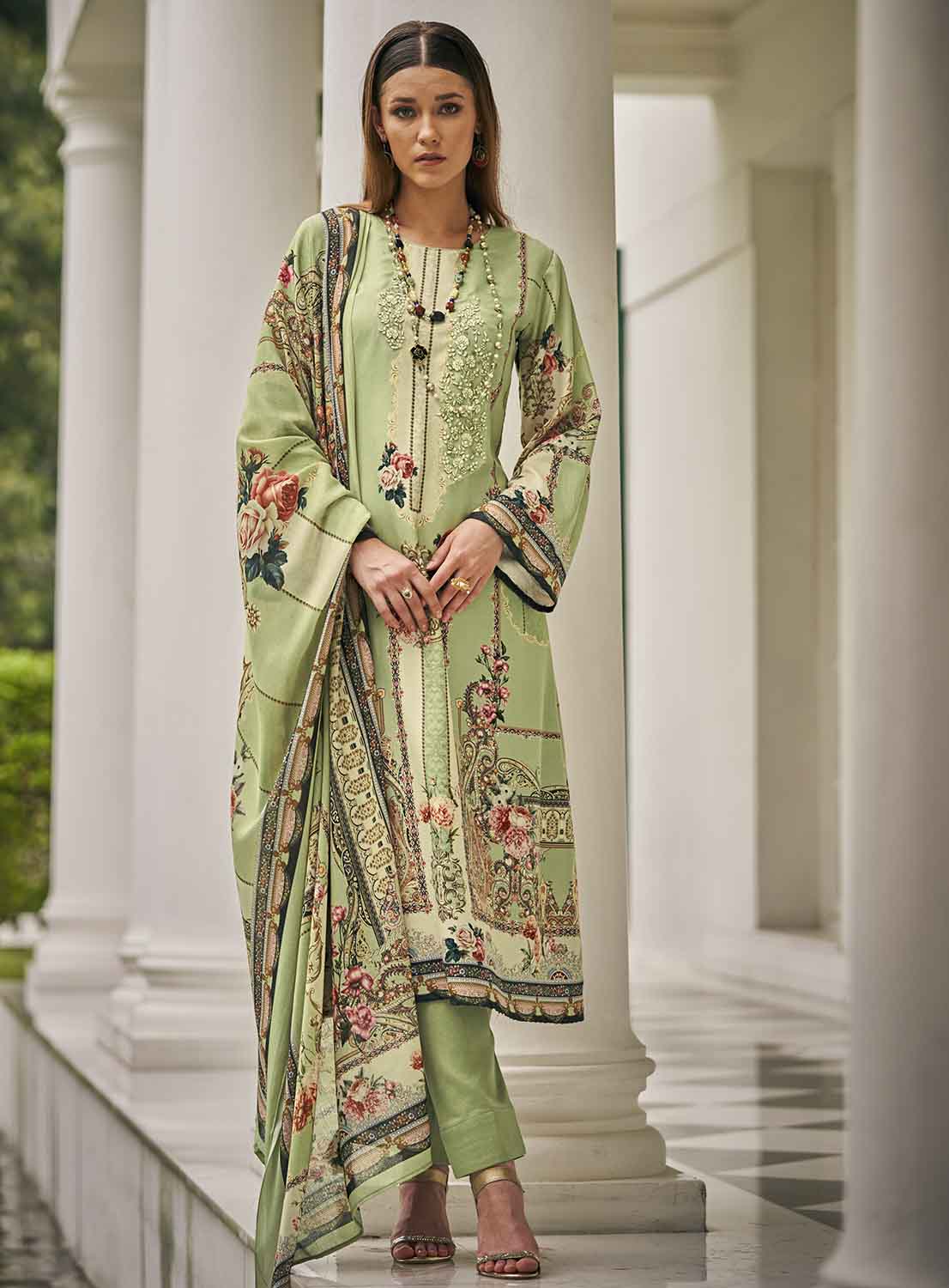 Sadhana Green Unstitched Pashmina Winter Suit Materials for Women Sadhana