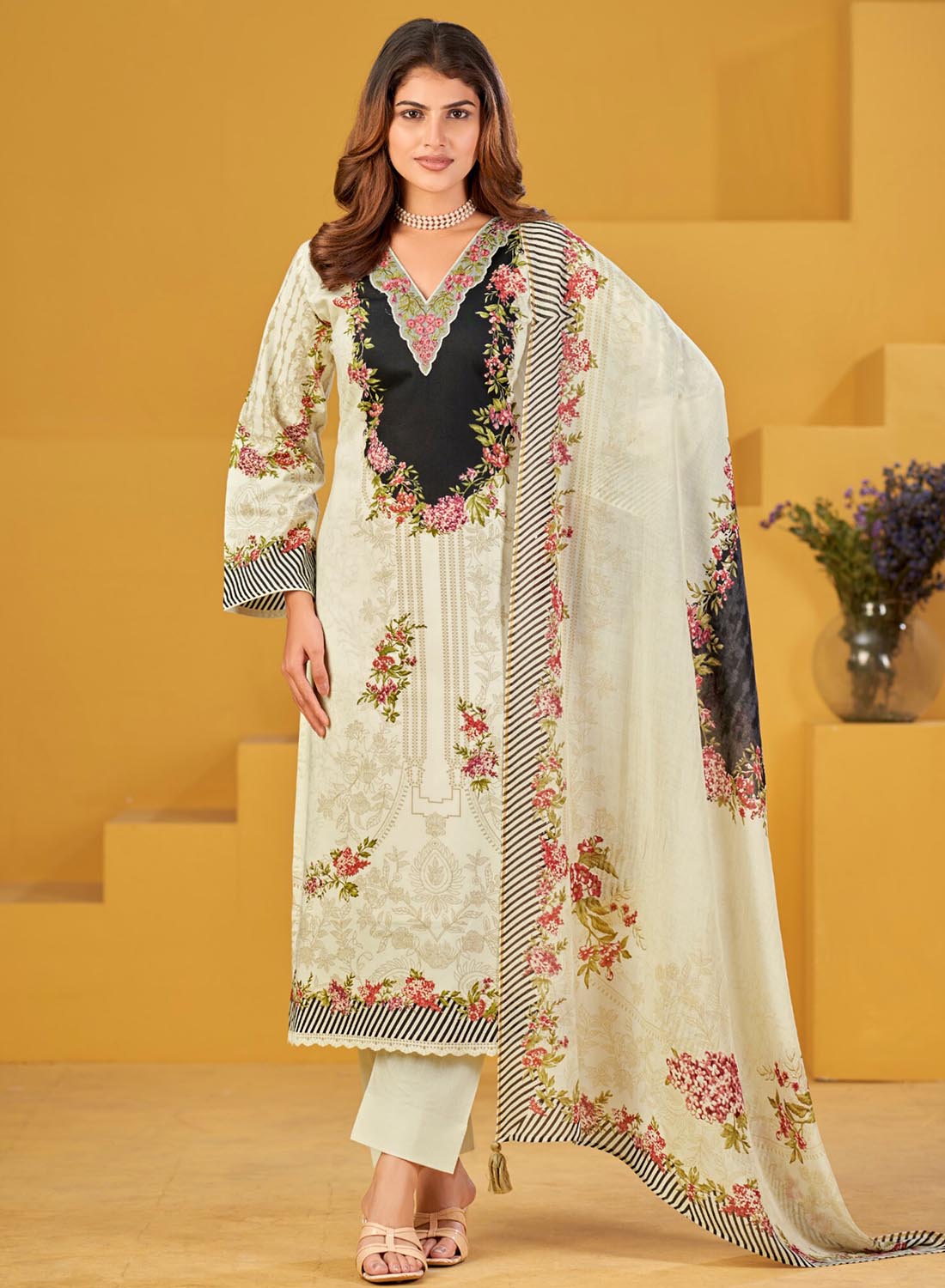 Pakistani Unstitched Suit Dress Material with Neck Embroidery