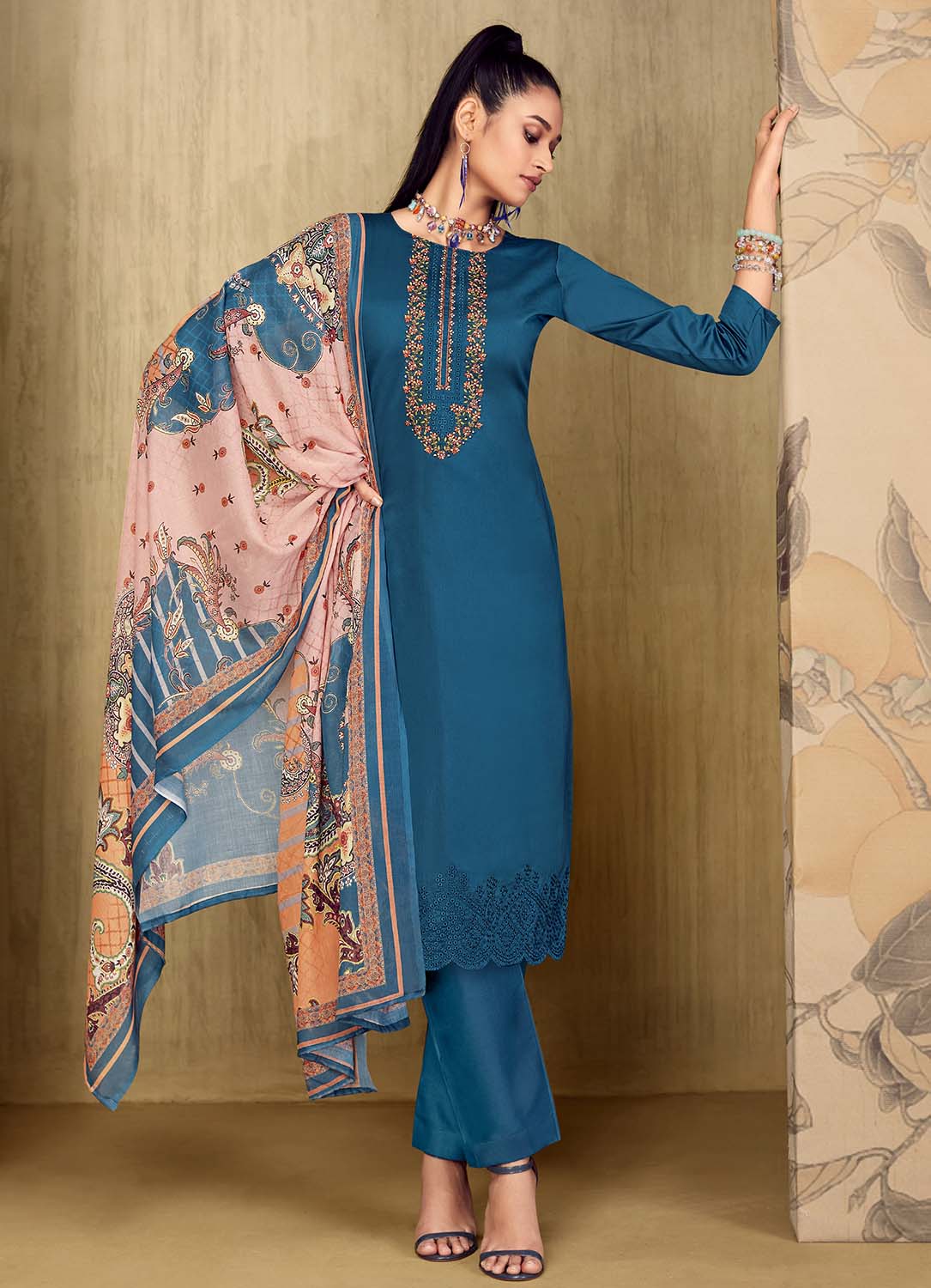 Belliza Unstitched Blue Cotton Suit Dress Material with Embroidery