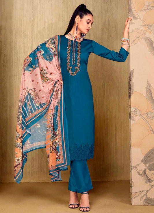 Belliza Unstitched Blue Cotton Suit Dress Material with Embroidery