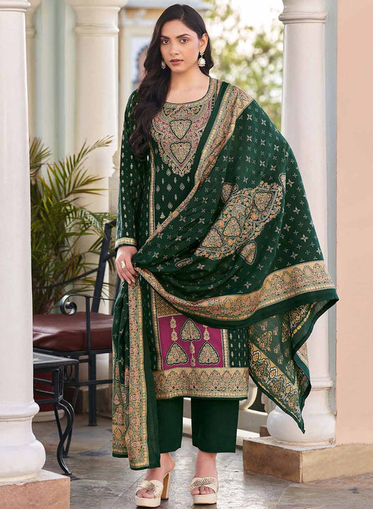 Green Pakistani Unstitched Muslin Salwar Suit Material with Gold Print for Women