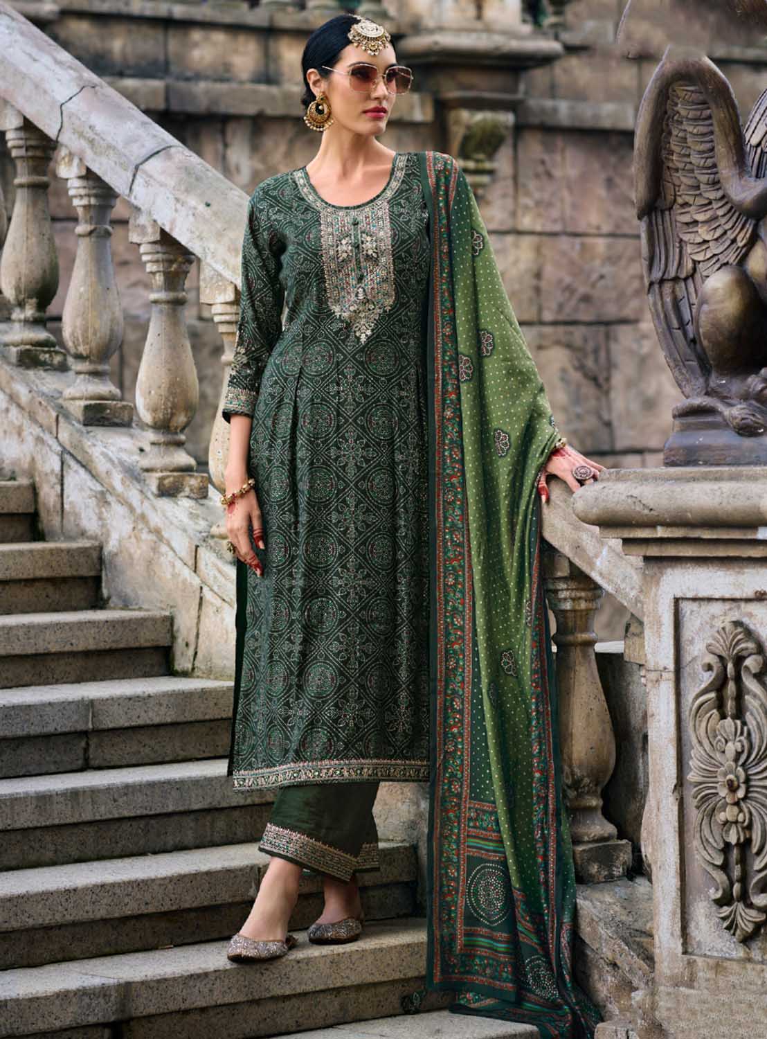 Party Wear Unstitched Muslin Salwar Suit with Fancy Work Green KAAHN