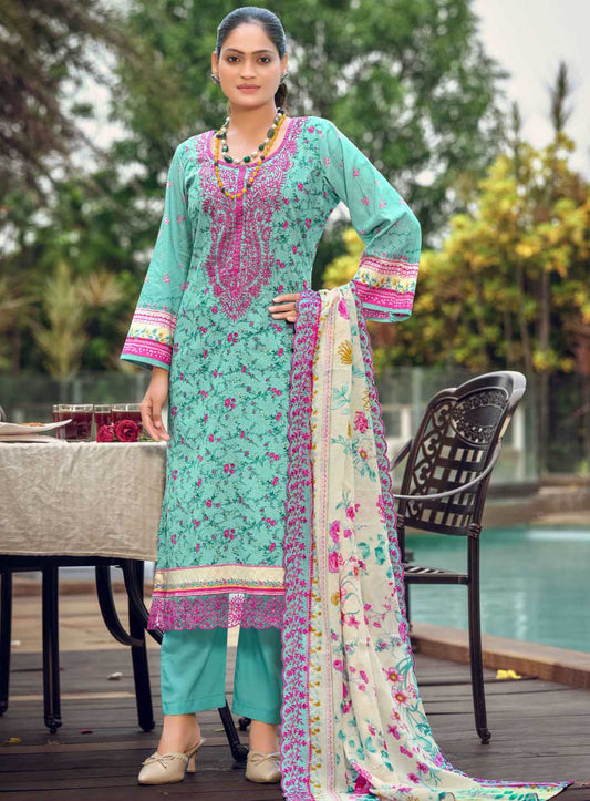 Unstitched Cotton Pakistani Suit Material with Embroidery Cutwork Dupatta