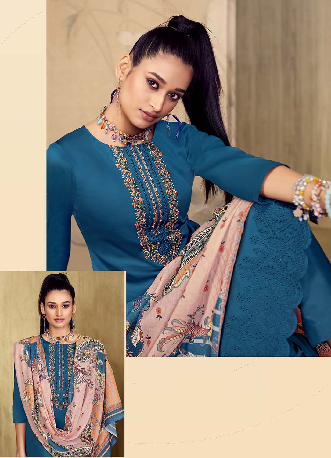 Belliza Unstitched Blue Cotton Suit Dress Material with Embroidery