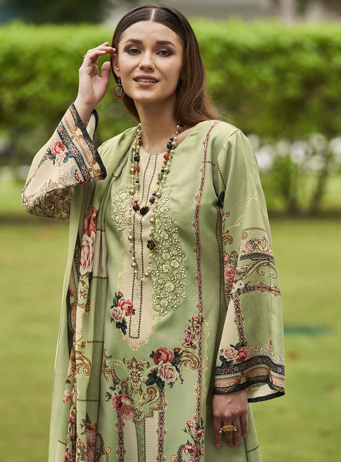 Sadhana Green Unstitched Pashmina Winter Suit Materials for Women Sadhana