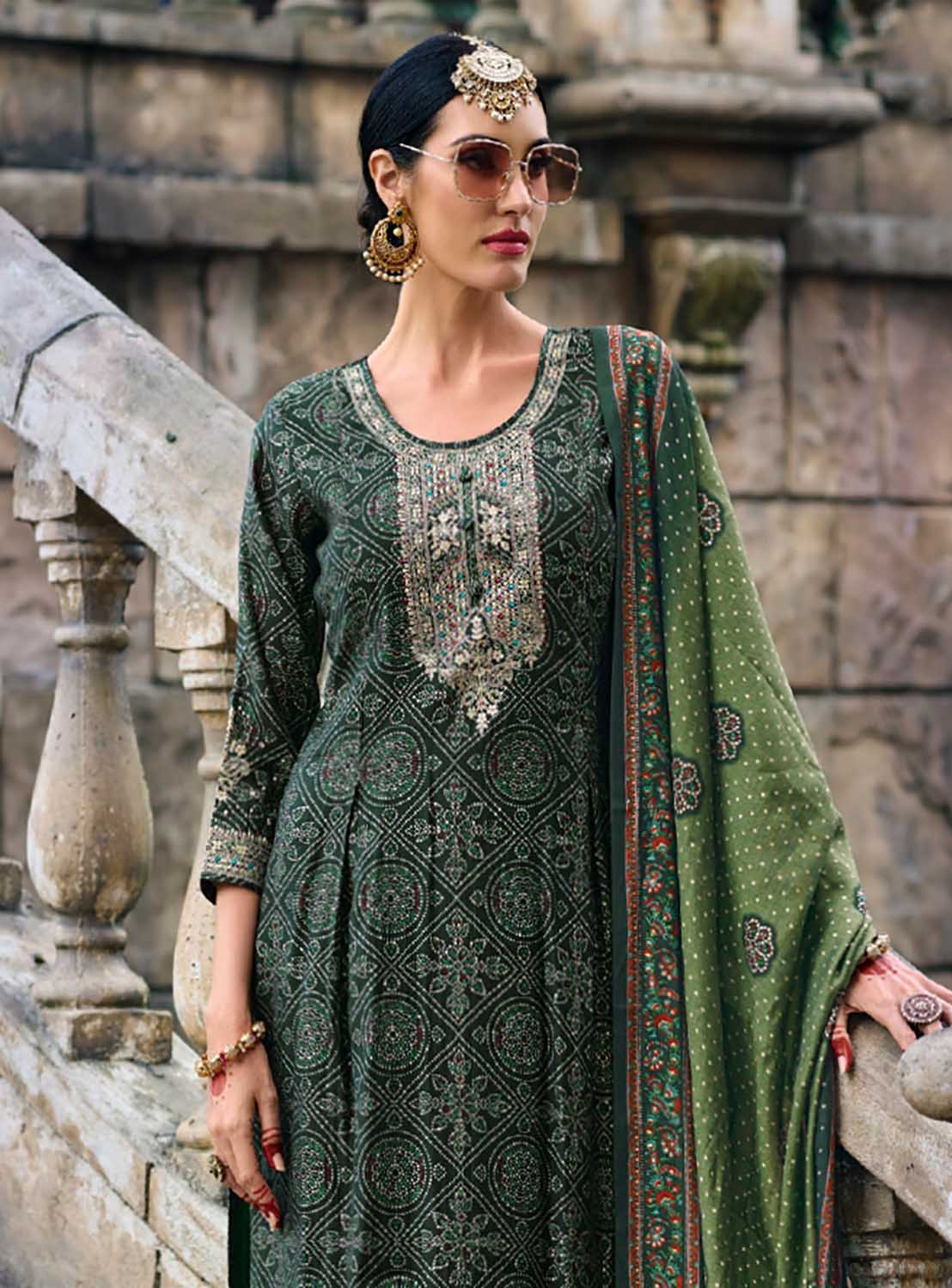 Party Wear Unstitched Muslin Salwar Suit with Fancy Work Green KAAHN