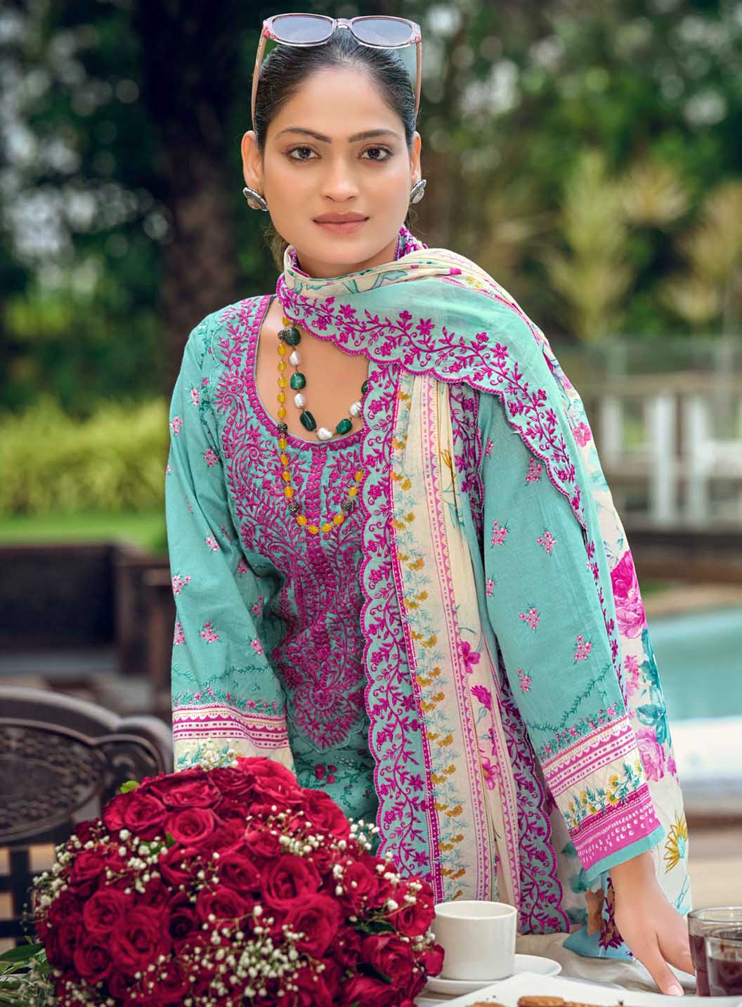 Unstitched Cotton Pakistani Suit Material with Embroidery Cutwork Dupatta
