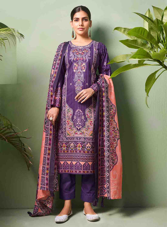 Purple Pure Cotton Cambric Pakistani Print Unstitched Suit Material