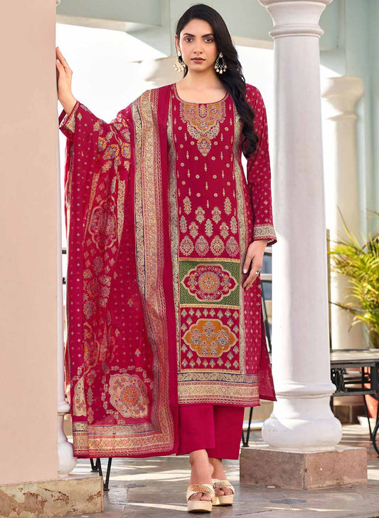 Red Pakistani Unstitched Muslin Salwar Suit Material with Gold Print for Women