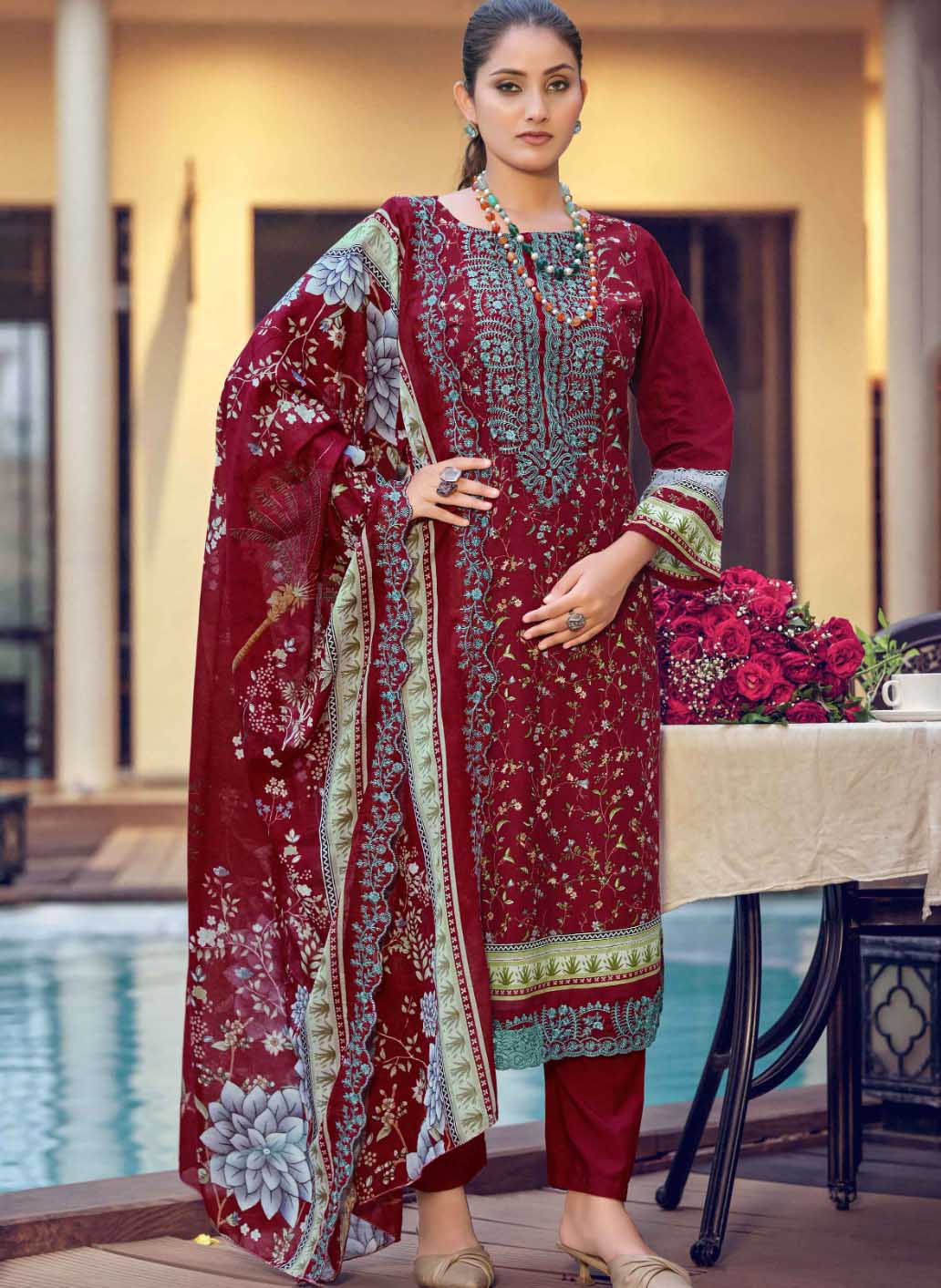 Maroon Unstitched Cotton Pakistani Suit Material with Cutwork Dupatta