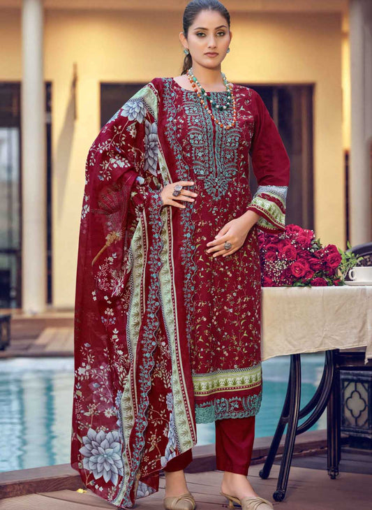 Maroon Unstitched Cotton Pakistani Suit Material with Cutwork Dupatta