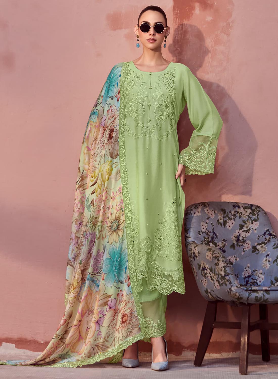 Party Wear Pure Muslin Green Unstitched Suit Dress Material for Women