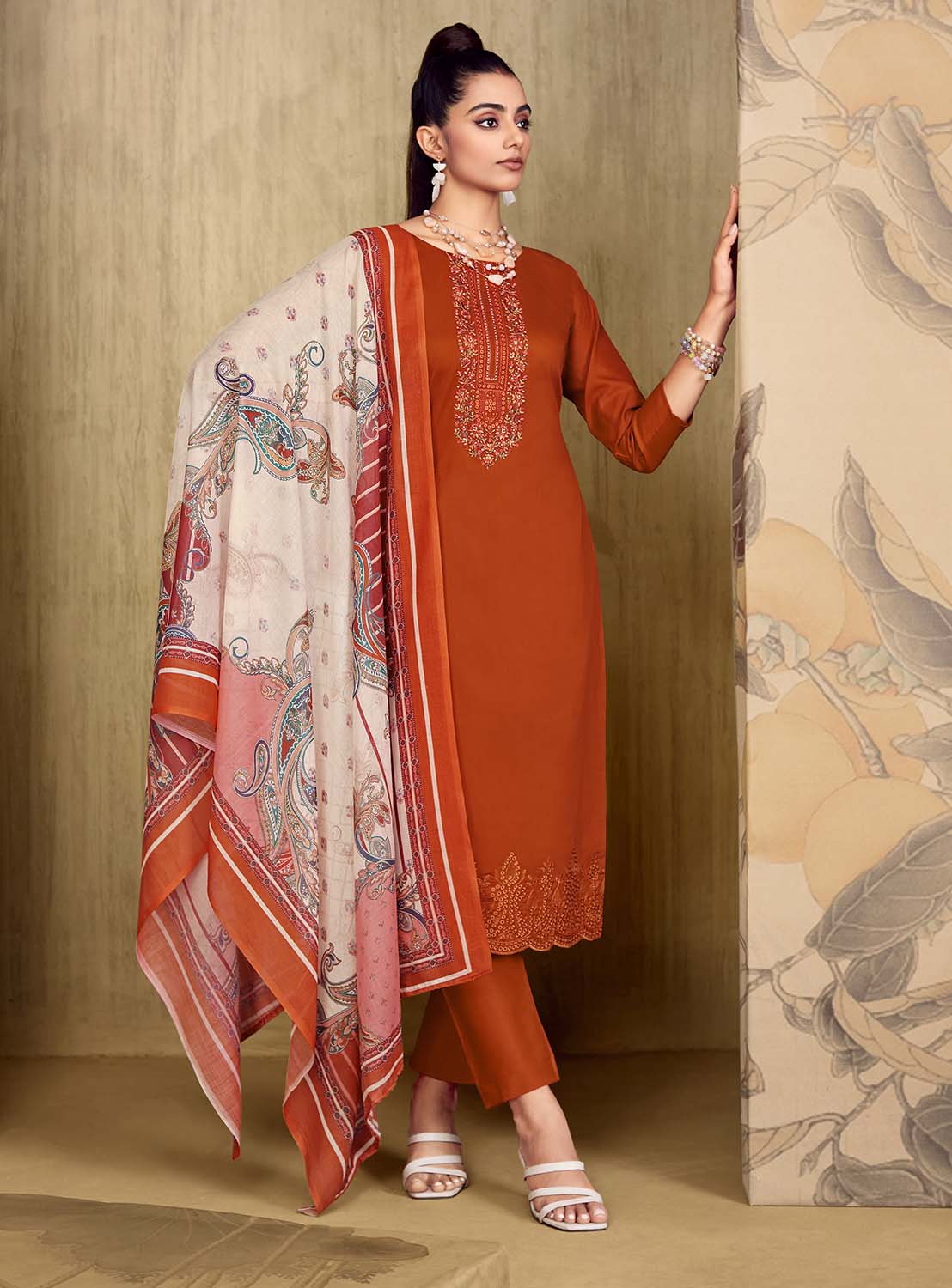 Belliza Unstitched Orange Cotton Suit Dress Material with Embroidery Belliza