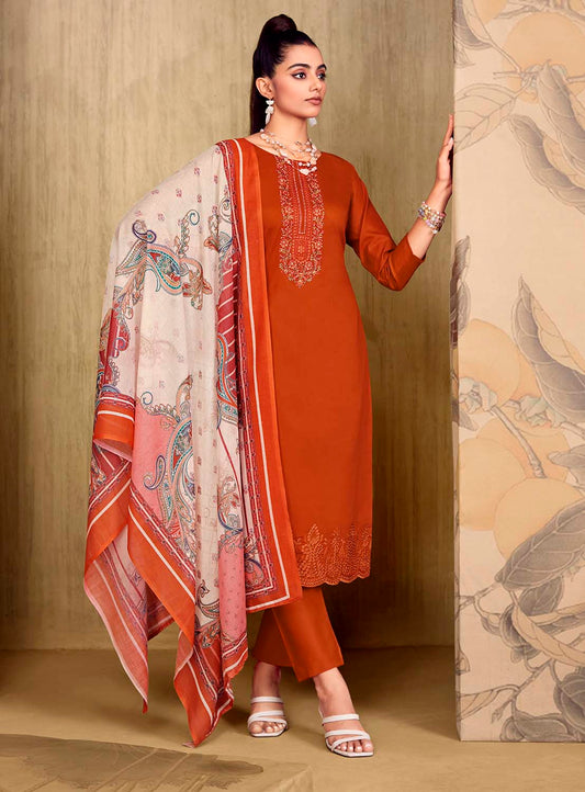 Belliza Unstitched Orange Cotton Suit Dress Material with Embroidery