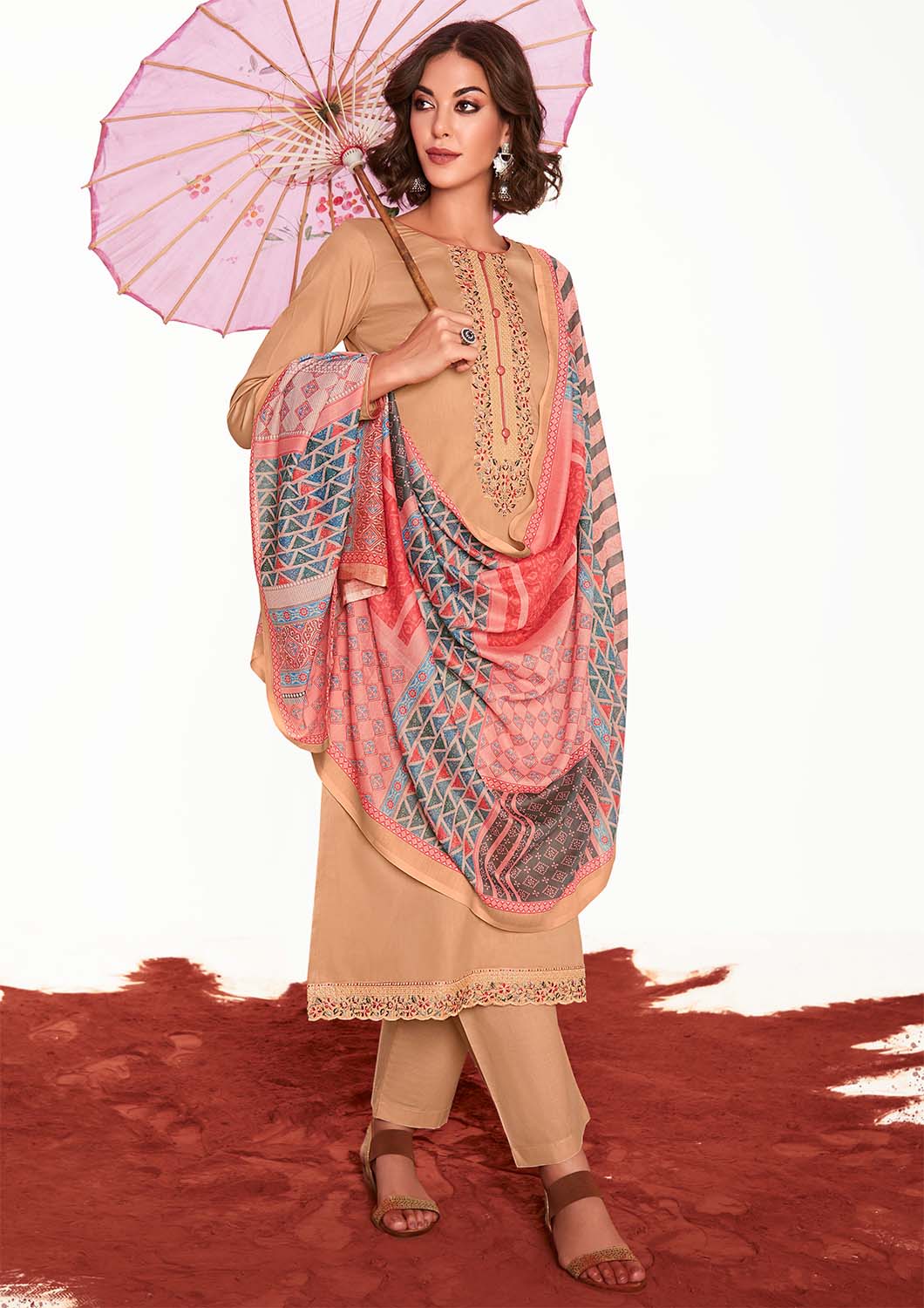 Mumtaz Arts Pure Cotton Satin Women Beige Suit Dress Material Mumtaz Arts