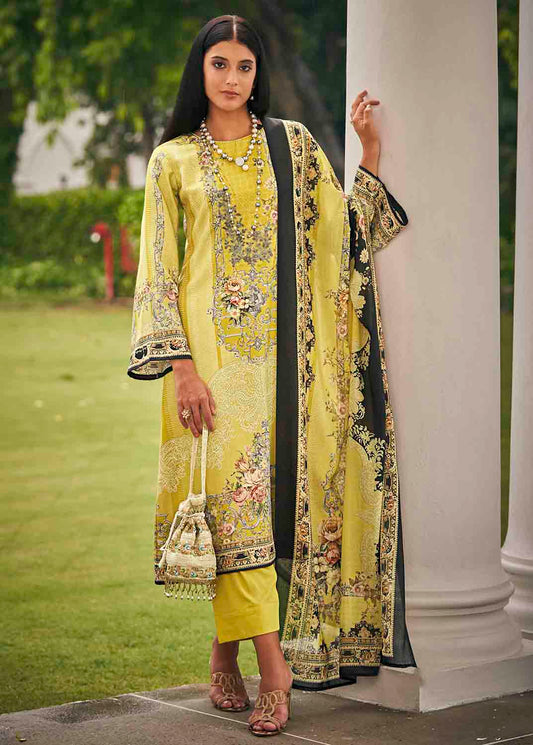 Sadhana Yellow Unstitched Pashmina Winter Suit Materials for Women