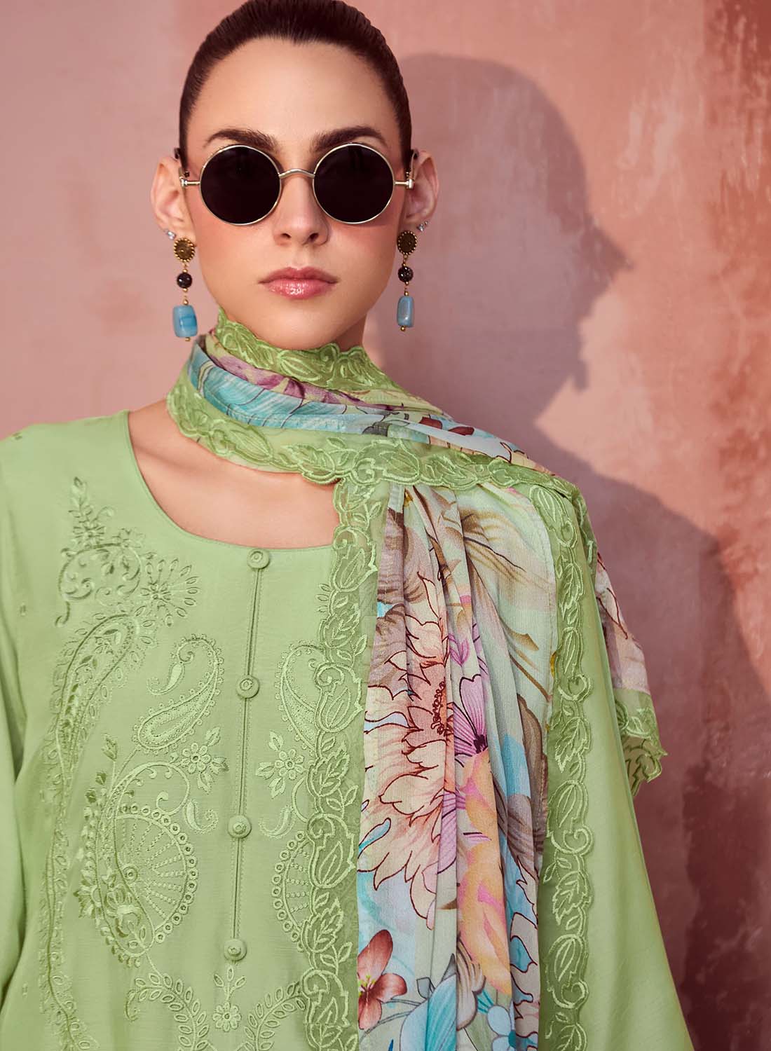 Party Wear Pure Muslin Green Unstitched Suit Dress Material for Women