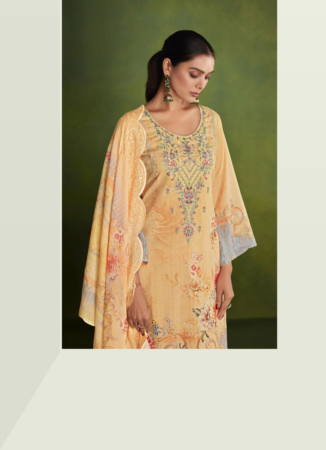 Belliza Yellow Cotton Pakistani Print Unstitched Women Suit Material Belliza