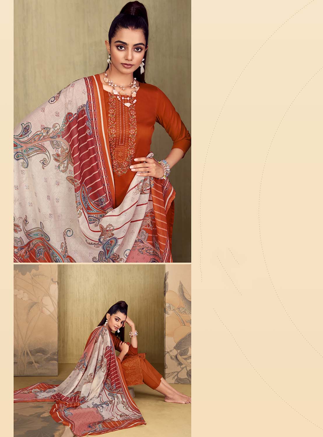 Belliza Unstitched Orange Cotton Suit Dress Material with Embroidery Belliza