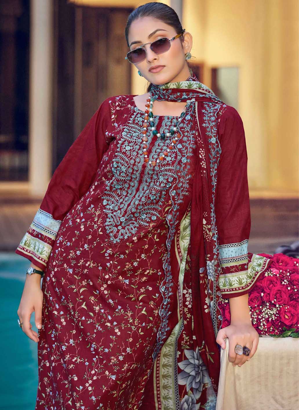 Maroon Unstitched Cotton Pakistani Suit Material with Cutwork Dupatta