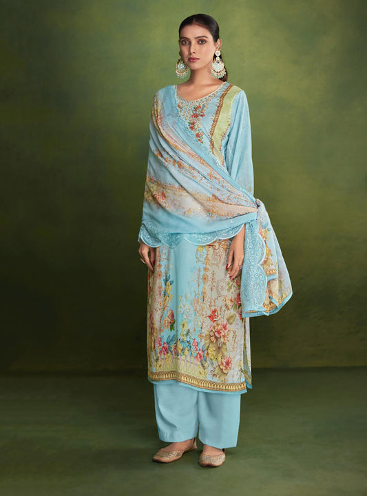 Belliza Blue Cotton Pakistani Print Unstitched Women Suit Material Belliza