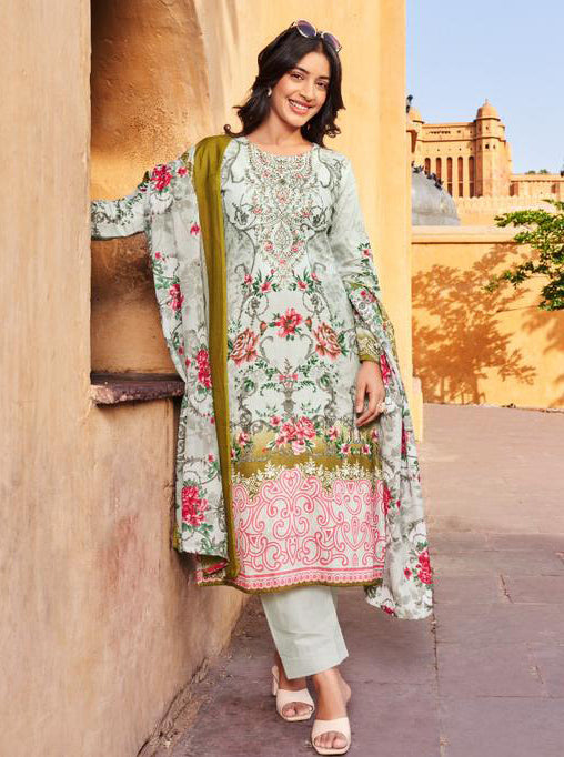 Grey Pure Cotton Cambric Pakistani Print Unstitched Suit for Women