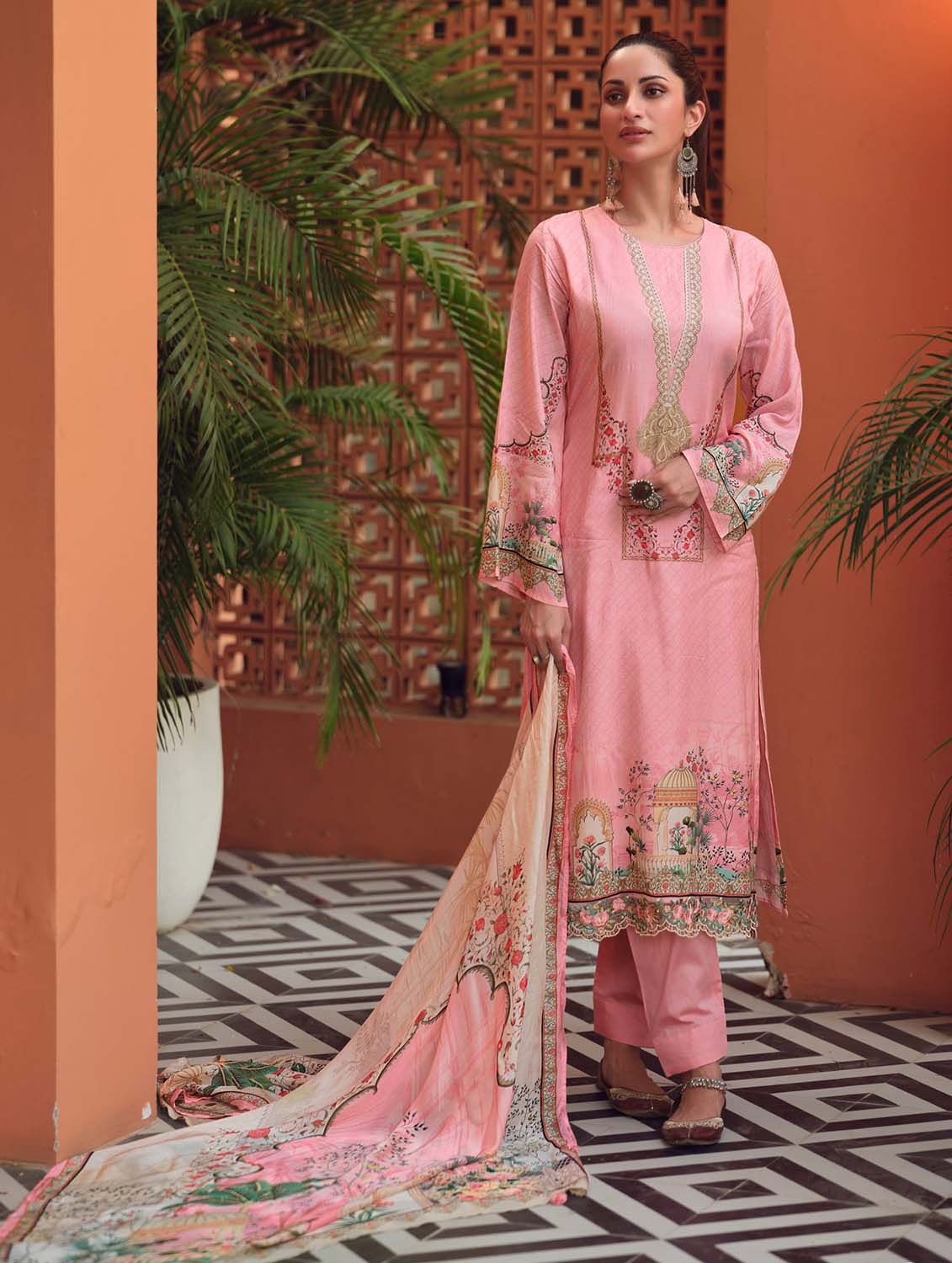 Sadhana Pakistani Print Unstitched Cotton Salwar Suits Material Pink Sadhana