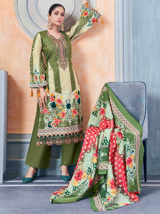 Unstitched Pakistani Print Cotton Suit Fabric with Embroidery Green