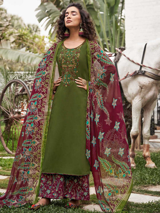 Unstitched Cotton Salwar Suit Green Dress Material with Embroidery Zulfat