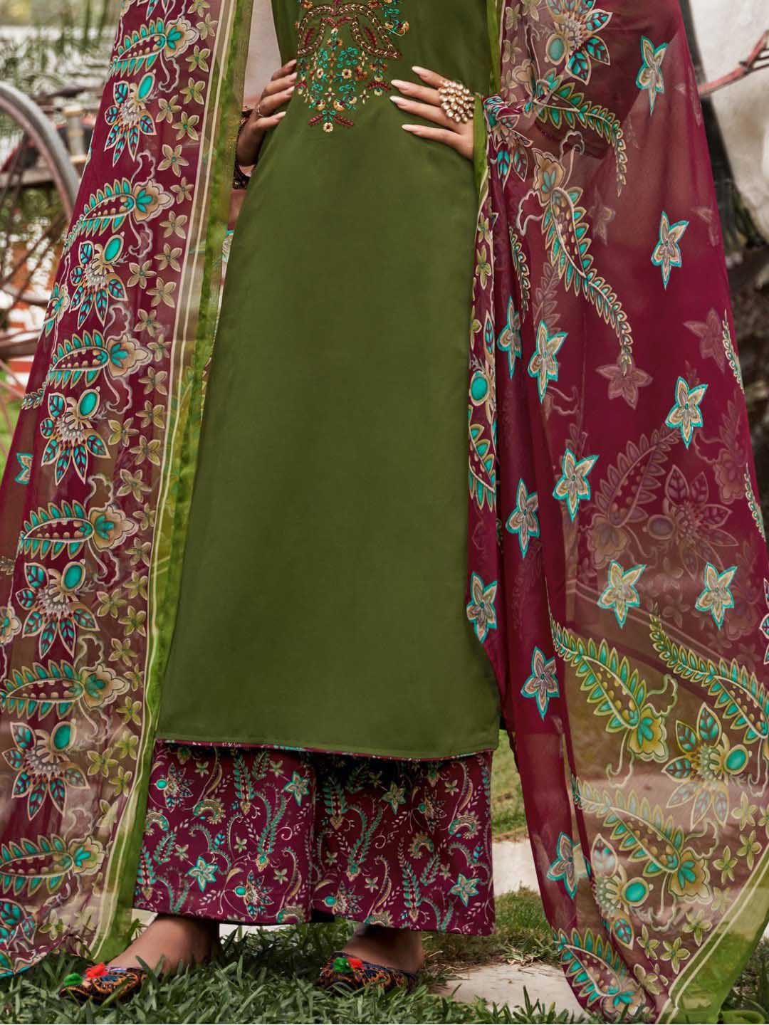Unstitched Cotton Salwar Suit Green Dress Material with Embroidery Zulfat
