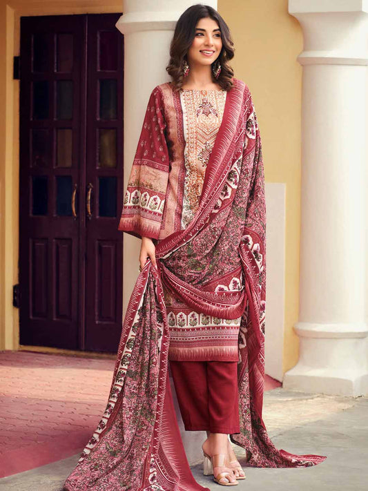 Belliza Pakistani Print Maroon Unstitched Women Cotton Suit Material