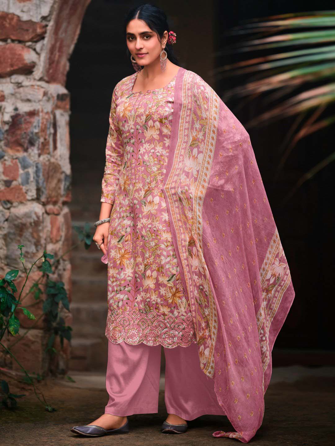 Unstitched Cotton Printed Suit Material with Embroidery Pink Belliza