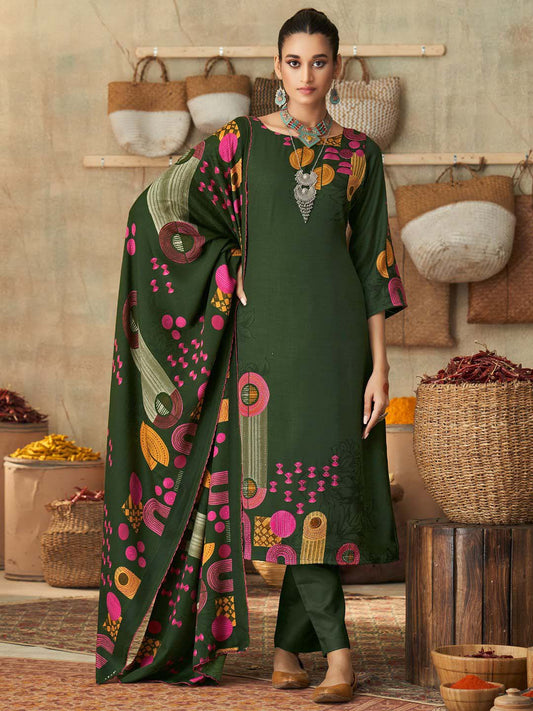 Pashmina Printed Green Unstitched Winter Suit Material for Ladies Radhika Fashion