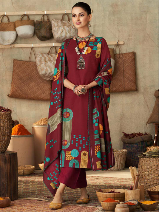 Pashmina Printed Maroon Unstitched Winter Suit Material for Ladies