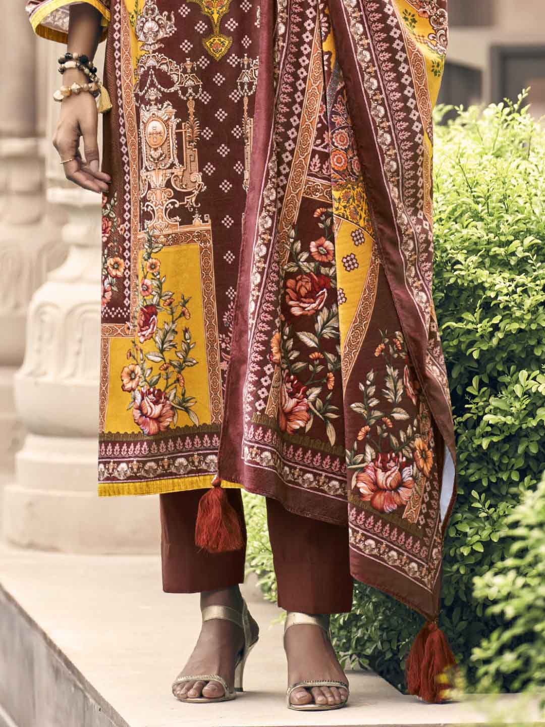 Unstitched Silk Velvet Yellow Pakistani Print Winter Salwar Suit Set Material