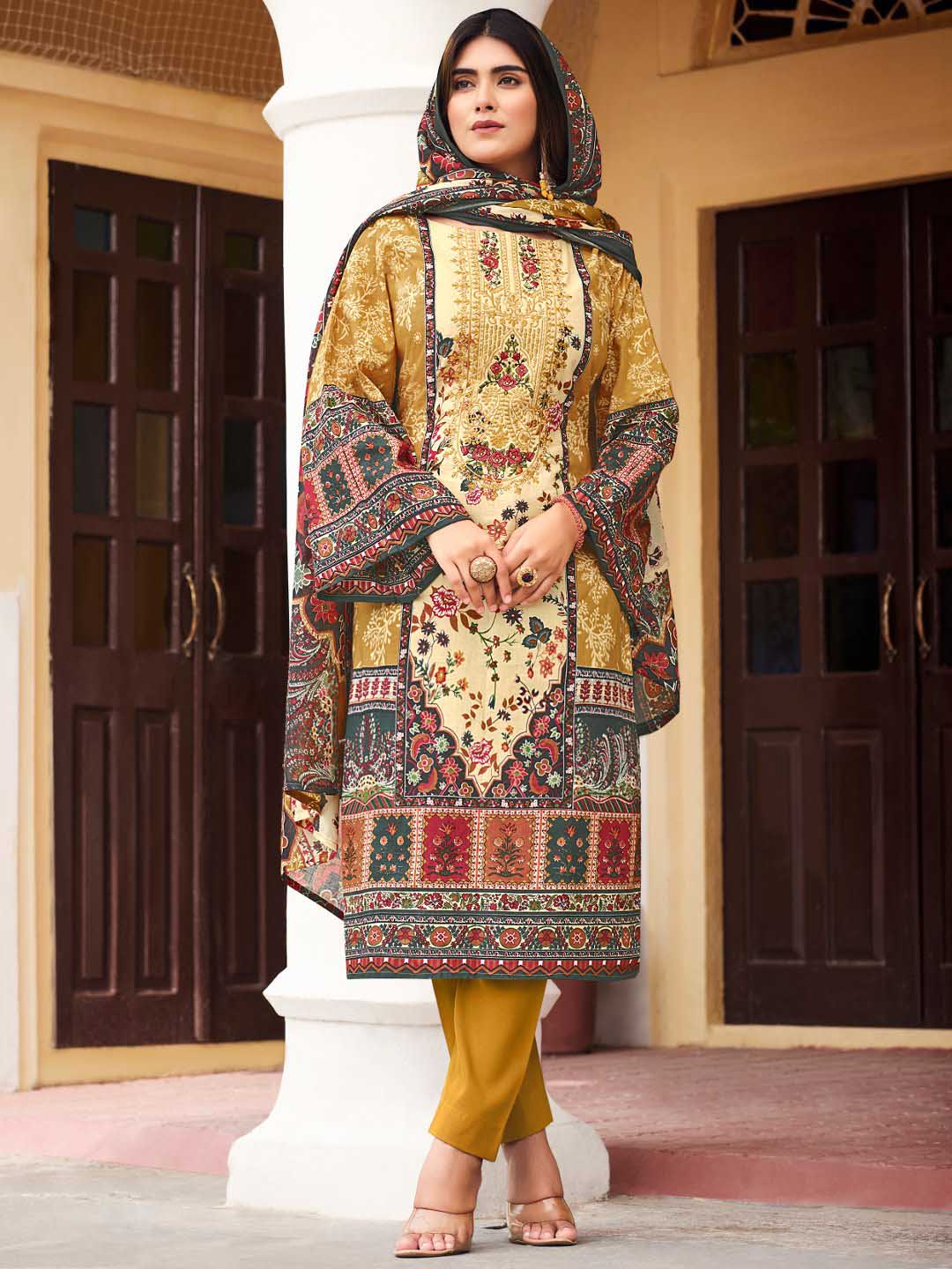 Belliza Pakistani Print Yellow Unstitched Women Cotton Suit Material Belliza