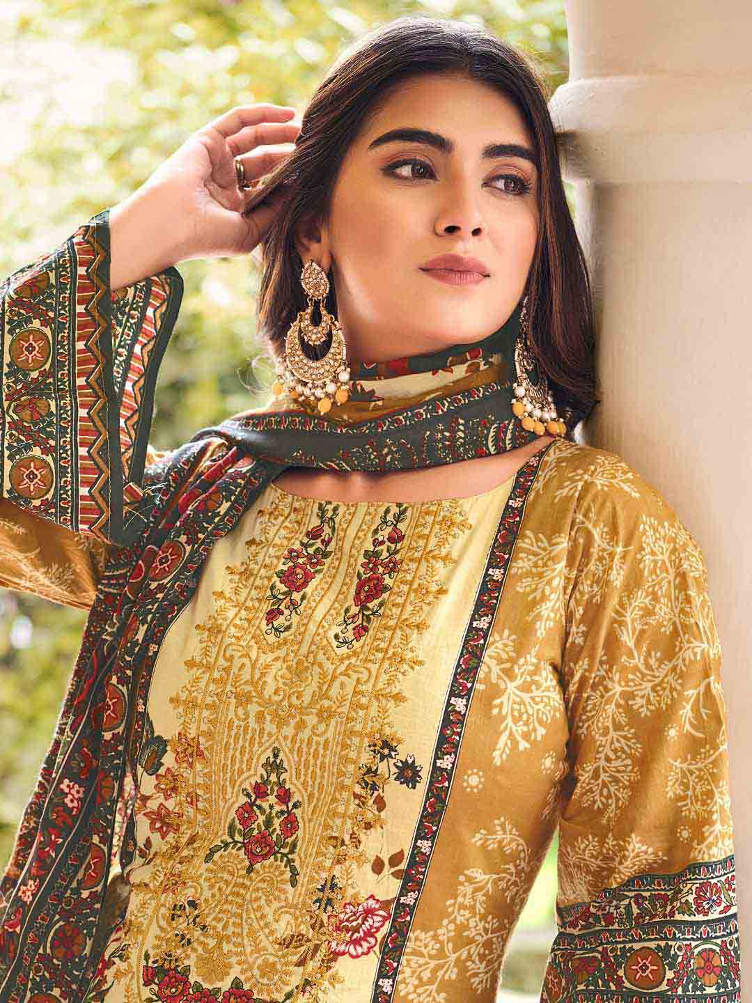 Belliza Pakistani Print Yellow Unstitched Women Cotton Suit Material Belliza