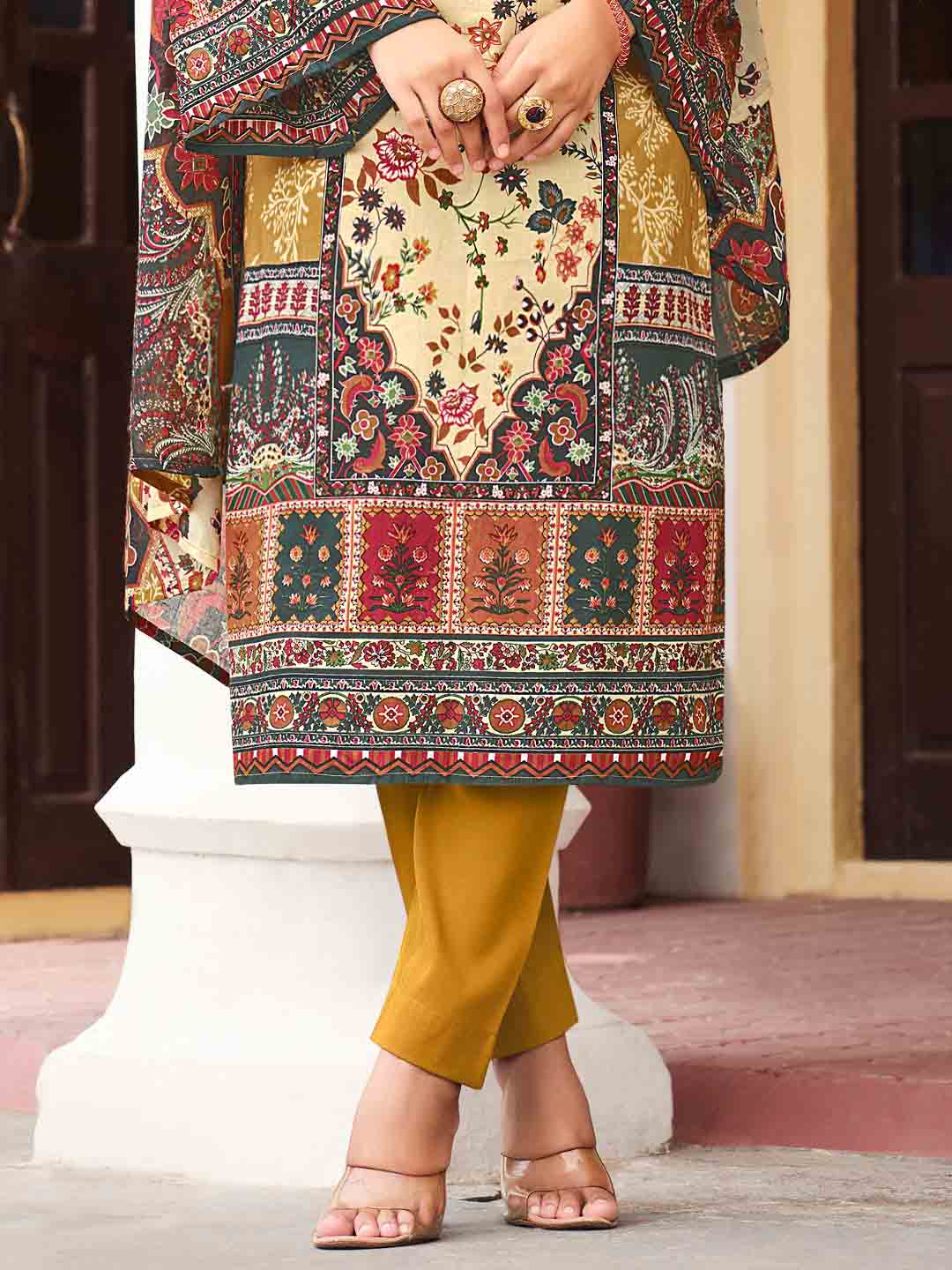 Belliza Pakistani Print Yellow Unstitched Women Cotton Suit Material Belliza