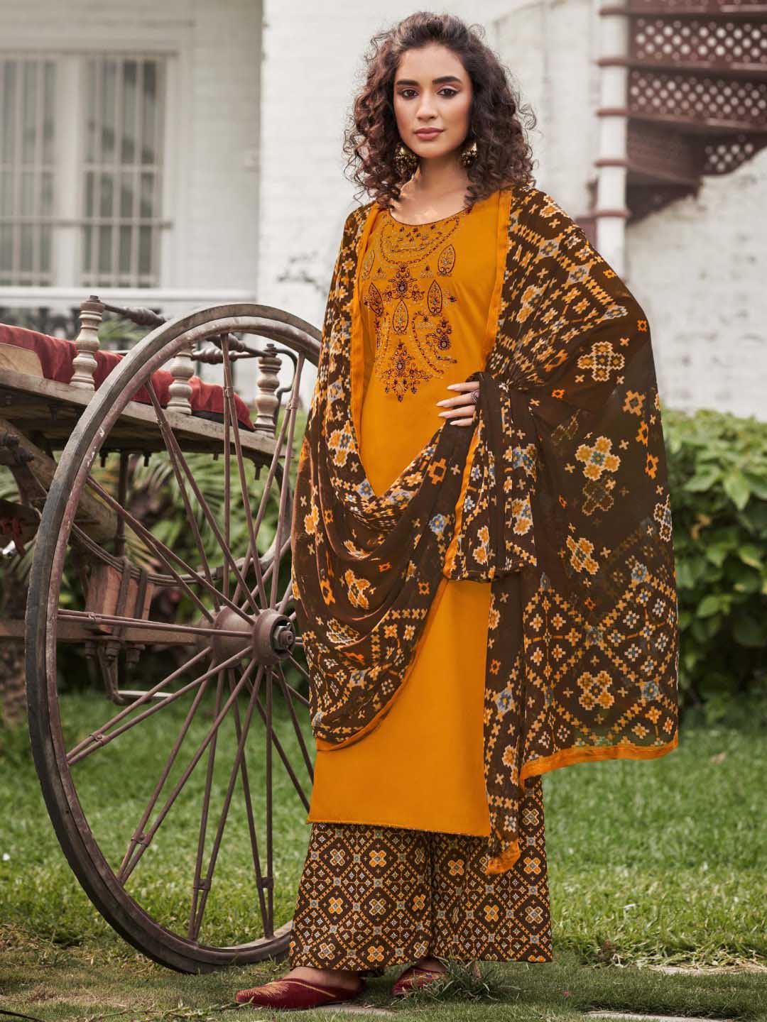 Unstitched Cotton Salwar Suit Yellow Dress Material with Embroidery Zulfat