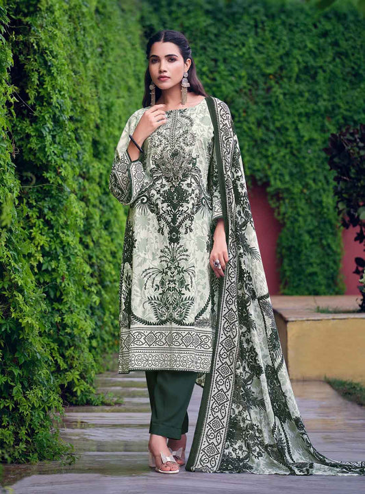 Cotton Pakistani Print Unstitched Women Suit with Embroidery Green Belliza