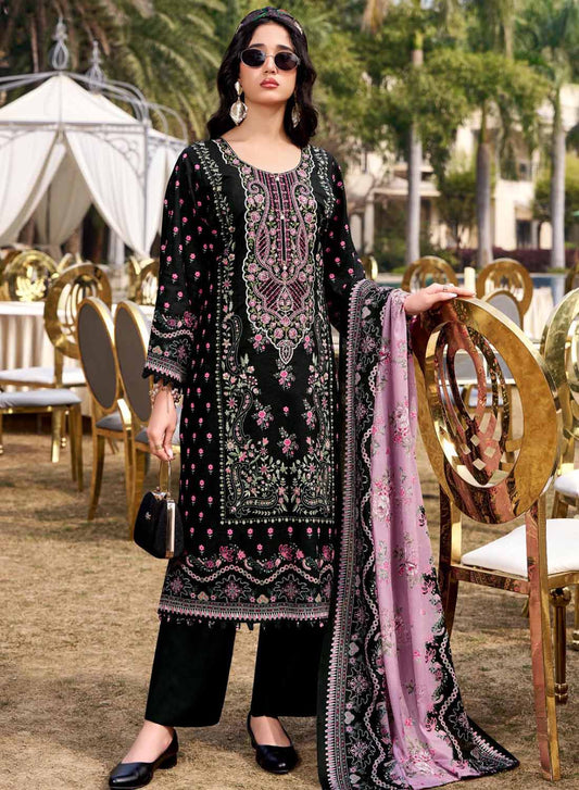 Pakistani Print Pure Cotton Black Unstitched Suit Set Material with Embroidery