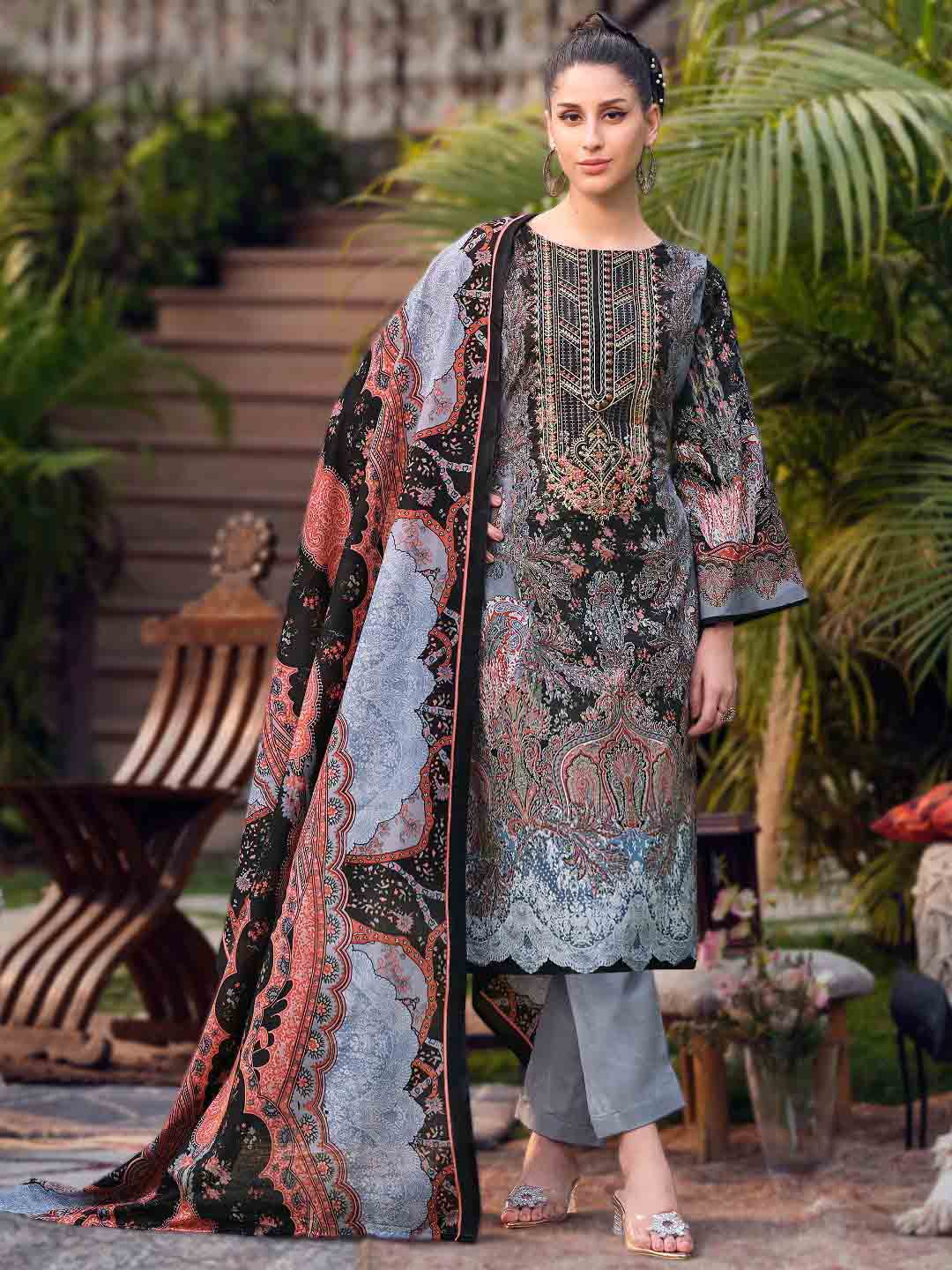 Grey Pakistani Print Unstitched Pure Cotton Suit Dress Material