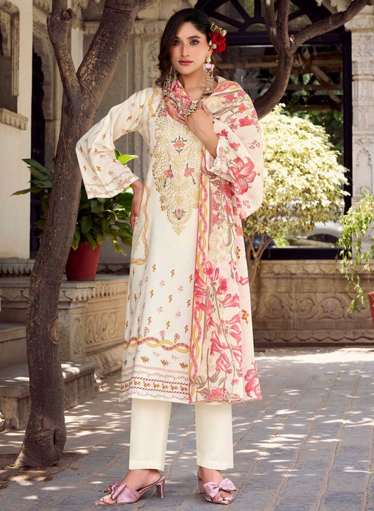 Women's Pakistani Print Unstitched Pure Cotton Suit with Embroidery