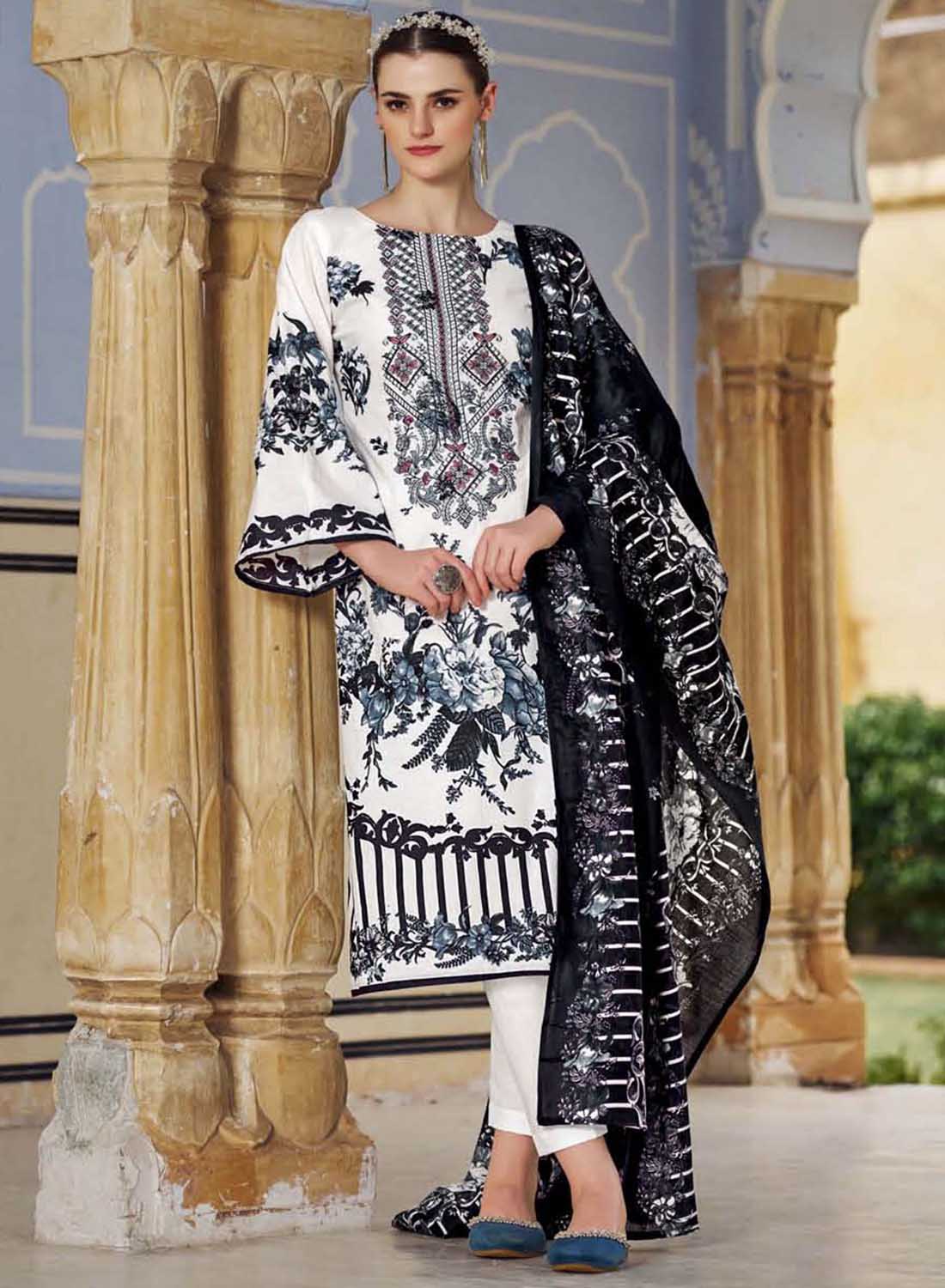 Women's White Pakistani Printed Unstitched Cotton Suit Dress Material