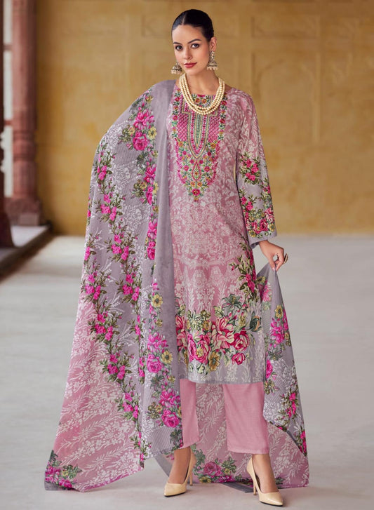 Pink Pakistani Printed Unstitched Cotton Suit Material with Embroidery