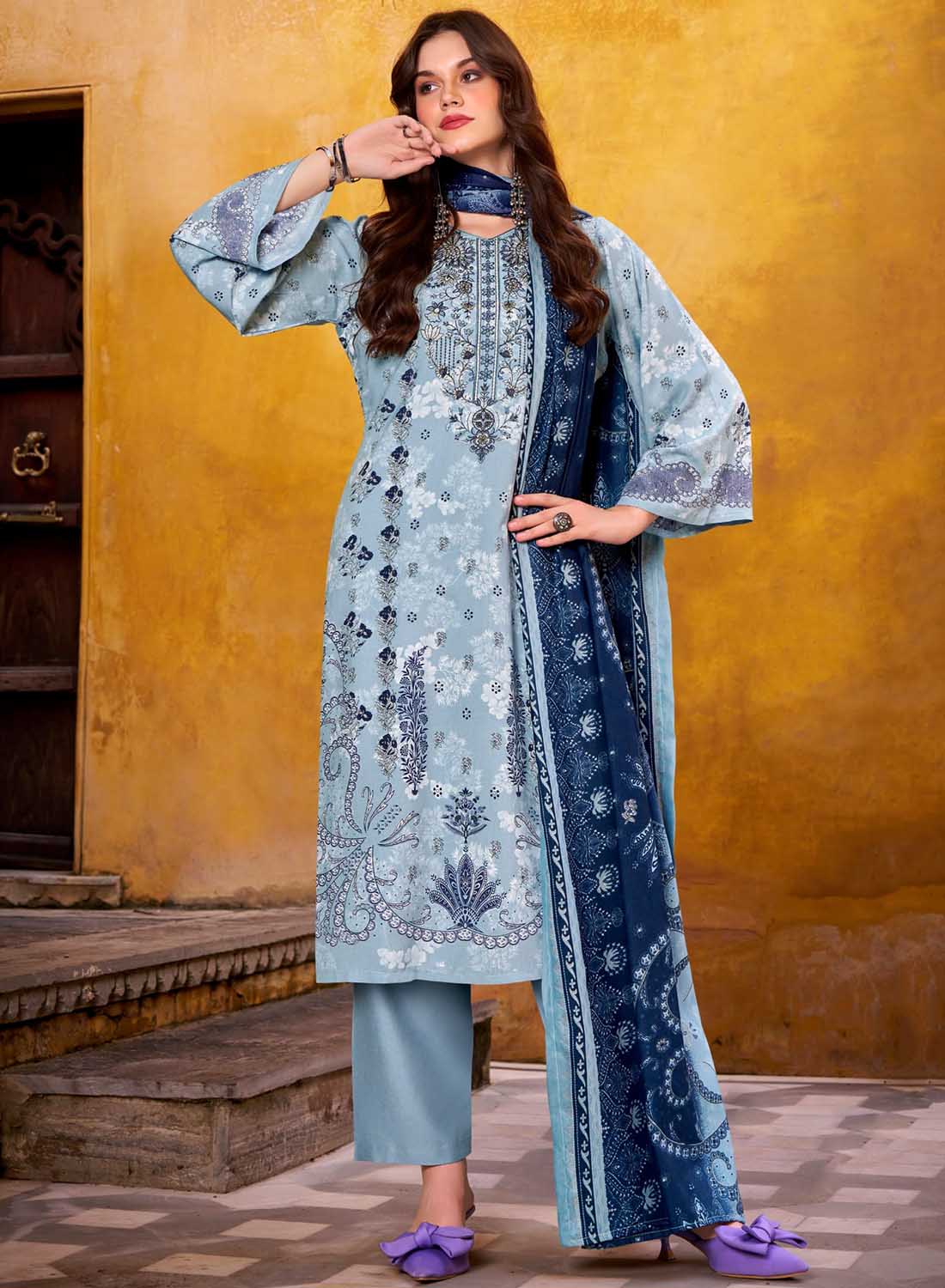 Blue Pure Cotton Pakistani Print Unstitched Salwar Suit Material with Dupatta